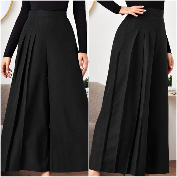 Solid Black Pleated Wide Leg Palazzo Pants